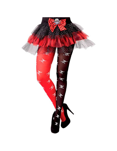 Tradineur - Pantis de pirata, negro y rojo, calaveras, 90% poliéster y 10% licra, complemento para disfraces, carnaval, Hallowee