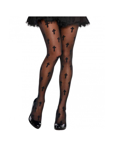 Tradineur - Pantis con cruces, negro, 90% poliéster y 10% licra, complemento para disfraz de monja sexy, carnaval, Halloween, co