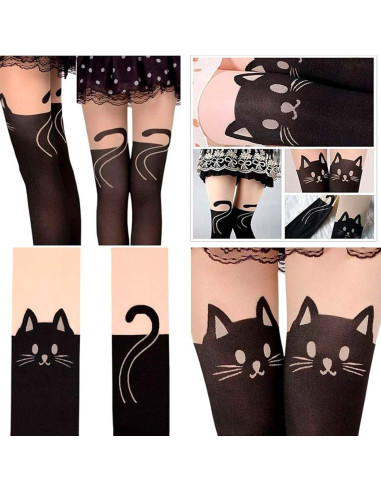 Tradineur - Pantis de gato negro, 90% poliéster y 10% licra, complemento para disfraz de gatita sexy, carnaval, Halloween, cospl