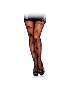 Tradineur - Pantis de red con calaveras, negro, 90% poliéster y 10% licra, complemento para disfraz de pirata, carnaval, Hallowe