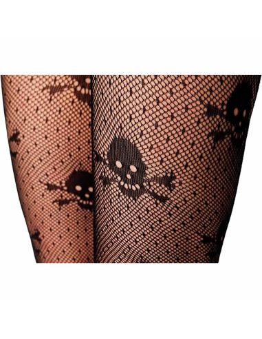 Tradineur - Pantis de red con calaveras, negro, 90% poliéster y 10% licra, complemento para disfraz de pirata, carnaval, Hallowe