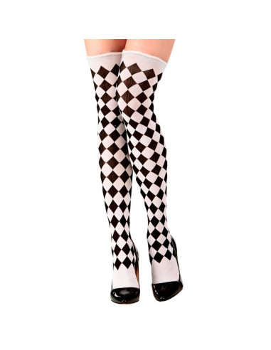 Tradineur - Medias blancas con rombos negros, 90% poliéster + 10% licra, complemento para disfraces, carnaval, Halloween, cospla