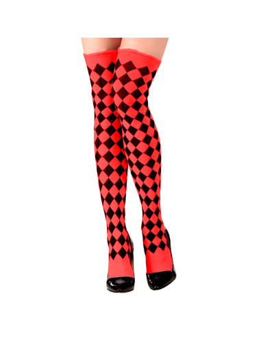Tradineur - Medias rojas con rombos negros, 90% poliéster + 10% licra, complemento para disfraces, carnaval, Halloween, cosplay,