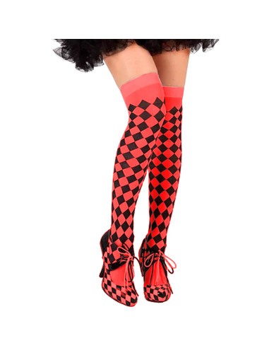 Tradineur - Medias rojas con rombos negros, 90% poliéster + 10% licra, complemento para disfraces, carnaval, Halloween, cosplay,