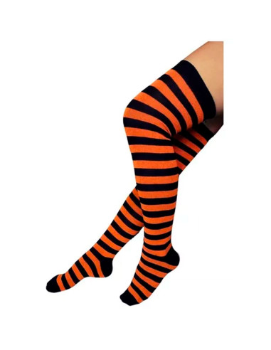 Tradineur - Medias con rayas negras y naranjas, 90% poliéster + 10% licra, complemento para disfraces, carnaval, Halloween, cosp