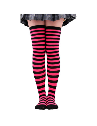 Tradineur - Medias con rayas negras y fucsia, 90% poliéster + 10% licra, complemento para disfraces, carnaval, Halloween, cospla