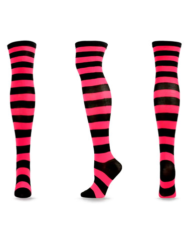 Tradineur - Medias con rayas negras y fucsia, 90% poliéster + 10% licra, complemento para disfraces, carnaval, Halloween, cospla