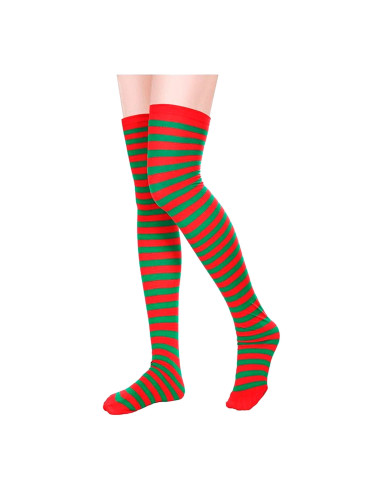 Tradineur - Medias con rayas rojas y verdes, 90% poliéster + 10% licra, complemento para disfraces, carnaval, Halloween, cosplay