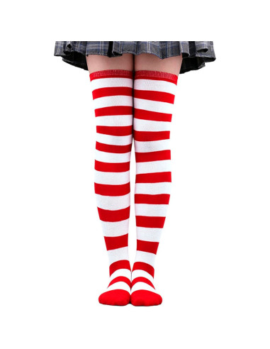 Tradineur - Medias con rayas rojas y blancas, 90% poliéster + 10% licra, complemento para disfraces, carnaval, Halloween, cospla