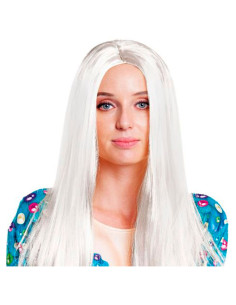 Tradineur - Peluca extralarga blanca para mujer, fibra sintética, complemento para disfraz de carnaval, Halloween, cosplay, fies
