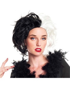 Tradineur - Peluca de Cruella de Vil para mujer, fibra sintética, complemento para disfraz de villana, carnaval, Halloween, cosp