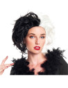 Tradineur - Peluca de Cruella de Vil para mujer, fibra sintética, complemento para disfraz de villana, carnaval, Halloween, cosp