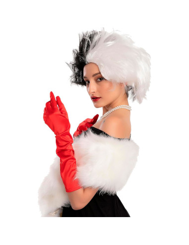 Tradineur - Peluca de Cruella de Vil para mujer, fibra sintética, complemento para disfraz de villana, carnaval, Halloween, cosp