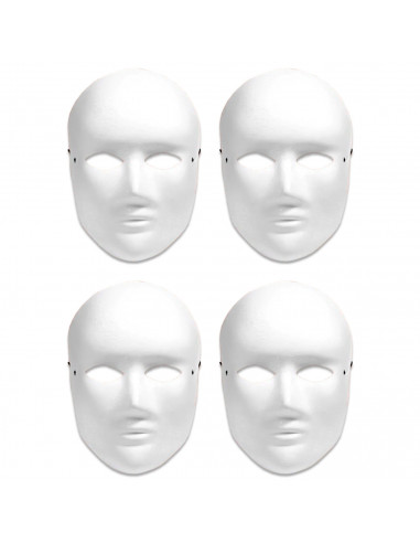 Tradineur - Pack de 4 Máscaras Blancas para Halloween - Fabricado en Plástico - Complemento para Disfraces - Talla Unica