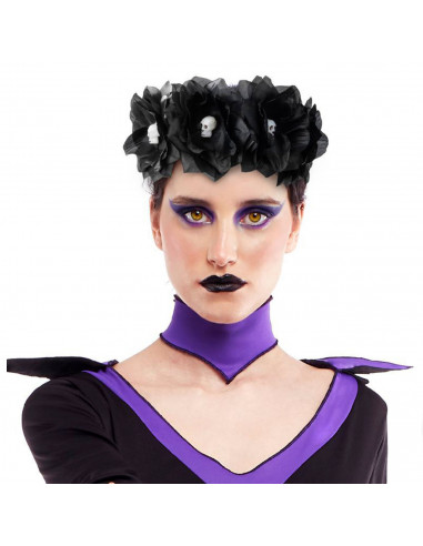 Tradineur - Cinta para pelo con rosas negras y calaveras, poliéster y plástico, complemento para disfraz de carnaval, Halloween,