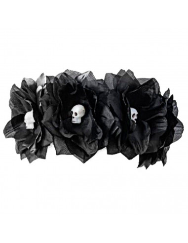 Tradineur - Cinta para pelo con rosas negras y calaveras, poliéster y plástico, complemento para disfraz de carnaval, Halloween,