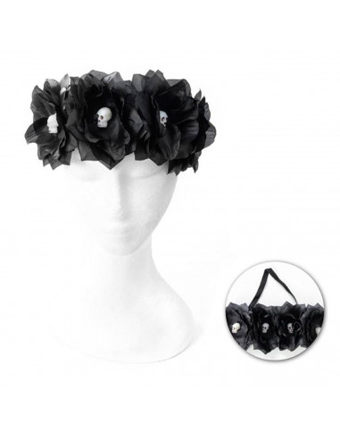 Tradineur - Cinta para pelo con rosas negras y calaveras, poliéster y plástico, complemento para disfraz de carnaval, Halloween,