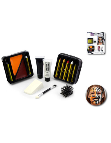 Tradineur - Set de maquillaje para carnaval, modelo Animales, incluye bandeja, 7 ceras, 2 tubos de crema, aplicador y 2 esponjas