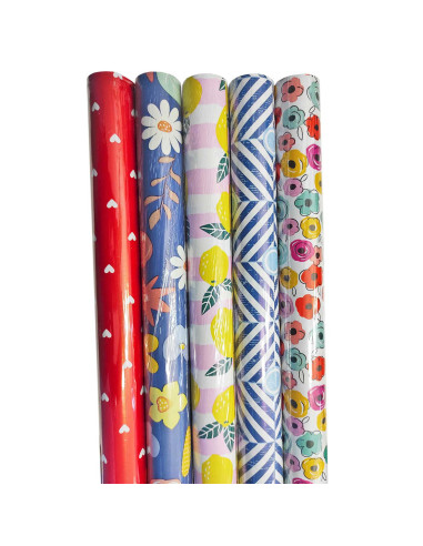 Tradineur - Pack de 5 rollos de papel de regalo, modelo Todo Año, Ref. 02625, láminas para envolver regalos de cumpleaños, Navid