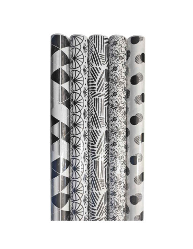 Tradineur - Pack de 5 rollos de papel de regalo, modelo Black & White, láminas para envolver regalos de cumpleaños, Navidad, 70
