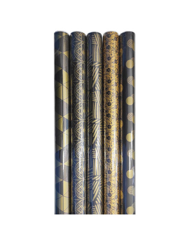 Tradineur - Pack de 5 rollos de papel de regalo, modelo Black & Gold, láminas para envolver regalos de cumpleaños, Navidad, 70 x