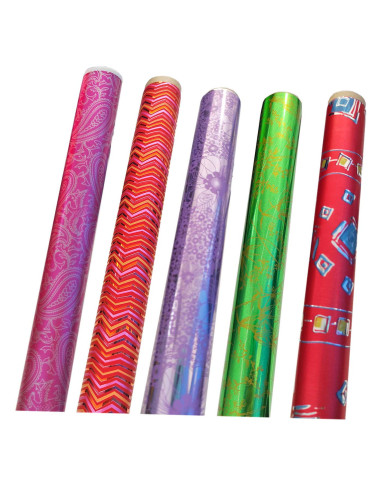 Tradineur - Pack de 5 rollos de papel de regalo metalizado, modelo Todo Año, láminas para envolver regalos de cumpleaños, Navida