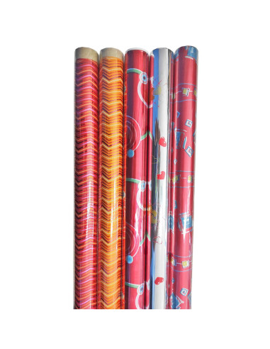 Tradineur - Pack de 5 rollos de papel de regalo metalizado, modelo Todo Año, láminas para envolver regalos de cumpleaños, Navida