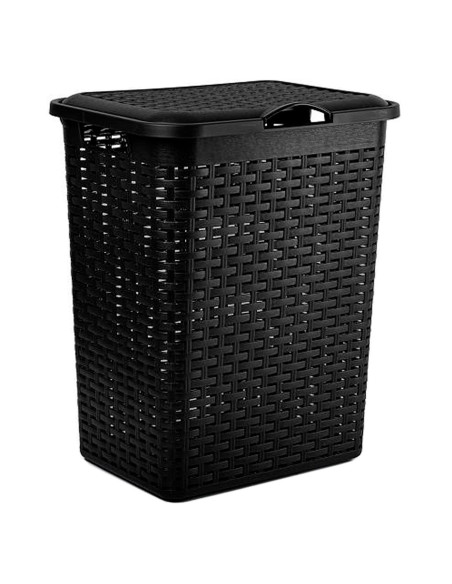 Tradineur - Cesto rattan para ropa sucia con tapa y asas, pongotodo de plástico, cubo para colada, imitación de mimbre, fabricad