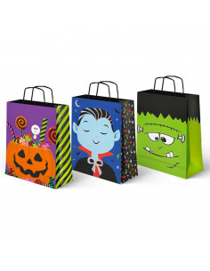 Tradineur - Pack de 3 bolsas de papel con asas para regalos, modelo Halloween, dulces, caramelos, fiestas, decoración festiva -