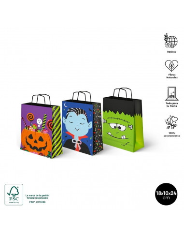 Tradineur - Pack de 3 bolsas de papel con asas para regalos, modelo Halloween, dulces, caramelos, fiestas, decoración festiva -
