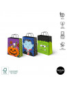 Tradineur - Pack de 3 bolsas de papel con asas para regalos, modelo Halloween, dulces, caramelos, fiestas, decoración festiva -