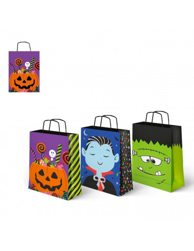 Tradineur - Pack de 3 bolsas de papel con asas para regalos, modelo Halloween, dulces, caramelos, fiestas, decoración festiva -