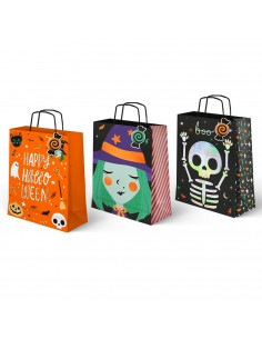 Tradineur - Pack de 3 bolsas de papel con asas para regalos, modelo Truco o Trato, dulces, caramelos, fiestas, decoración festiv