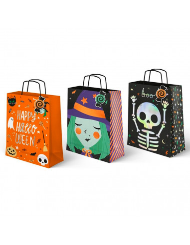Tradineur - Pack de 3 bolsas de papel con asas para regalos, modelo Truco o Trato, dulces, caramelos, fiestas, decoración festiv