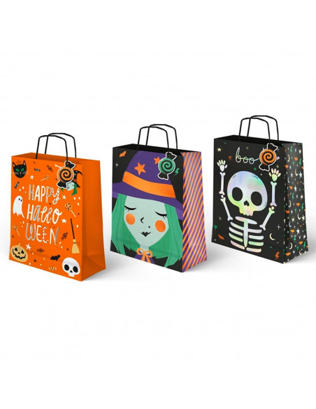Tradineur - Pack de 3 bolsas de papel con asas para regalos, modelo Truco o Trato, dulces, caramelos, fiestas, decoración festiv