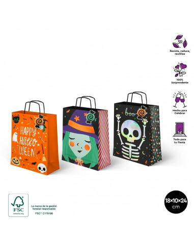 Tradineur - Pack de 3 bolsas de papel con asas para regalos, modelo Truco o Trato, dulces, caramelos, fiestas, decoración festiv