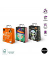 Tradineur - Pack de 3 bolsas de papel con asas para regalos, modelo Truco o Trato, dulces, caramelos, fiestas, decoración festiv