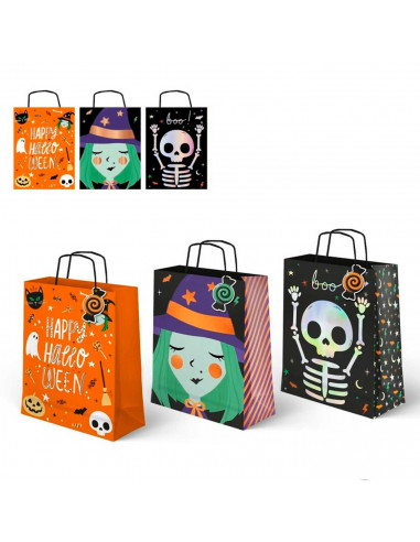 Tradineur - Pack de 3 bolsas de papel con asas para regalos, modelo Truco o Trato, dulces, caramelos, fiestas, decoración festiv