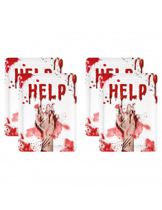 Tradineur - Pack de 4 bandejas de cartón decoradas con manchas de sangre, Help, biodegradables y reciclables, fiestas, decoració