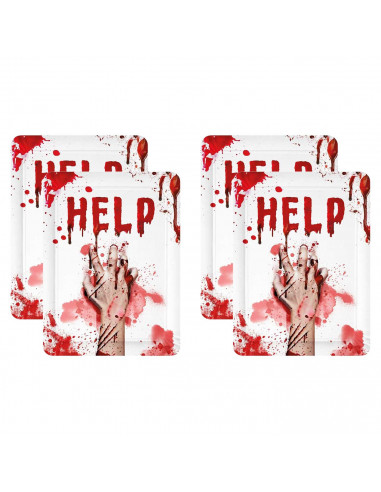 Tradineur - Pack de 4 bandejas de cartón decoradas con manchas de sangre, Help, biodegradables y reciclables, fiestas, decoració