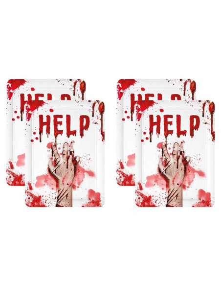 Tradineur - Pack de 4 bandejas de cartón decoradas con manchas de sangre, Help, biodegradables y reciclables, fiestas, decoració