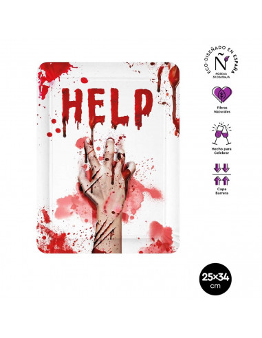 Tradineur - Pack de 4 bandejas de cartón decoradas con manchas de sangre, Help, biodegradables y reciclables, fiestas, decoració