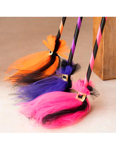 Tradineur - Escoba de bruja de 90 cm - Fabricado en Plástico y Poliéster - Complemento para carnaval, Halloween, Cosplay (Talla