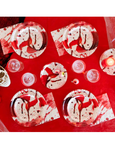 Tradineur - Pack de 24 Platos para postre de Halloween - Diseño de Sangre - Totalmente desechable y Reciclables - Ø 17 cm 
