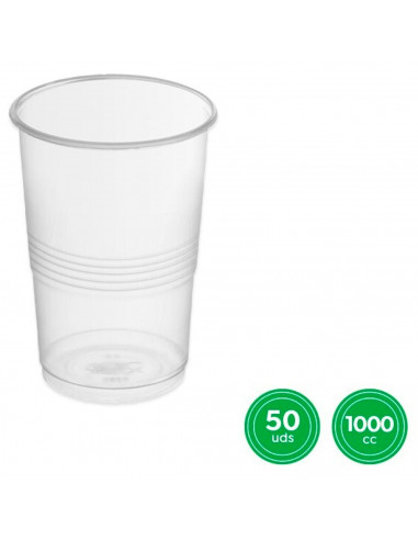 Tradineur - Pack de 50 vasos reutilizables de plástico, modelo Litrona, 100% reciclables, extra resistentes, higiénicos, apilabl