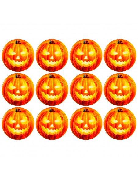 Tradineur - Pack de 12 platos llanos para Halloween - Diseño de Calabaza Iluminada - Totalmente desechable y Reciclables - Ø 23