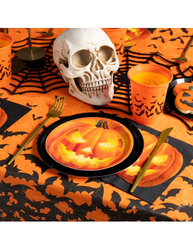 Tradineur - Pack de 12 platos llanos para Halloween - Diseño de Calabaza Iluminada - Totalmente desechable y Reciclables - Ø 23
