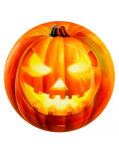 Tradineur - Pack de 24 platos llanos para Halloween - Diseño de Calabaza Iluminada - Totalmente desechable y Reciclables - Ø 17