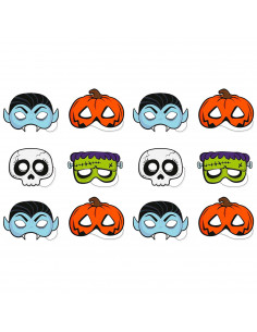 Tradineur - Pack de 12 Máscaras Truco o trato para halloween - Varios diseños: Calavera, Vampiro, Calabaza y Frankenstein - 14 x