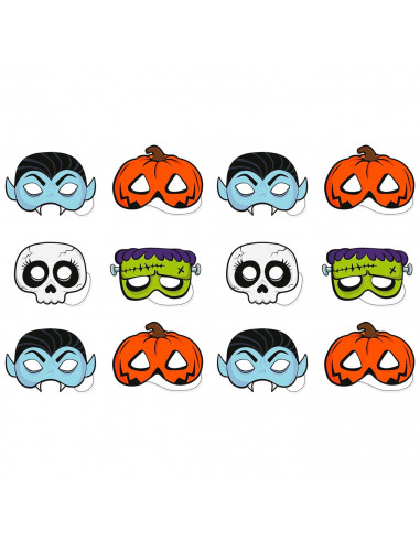 Tradineur - Pack de 12 Máscaras Truco o trato para halloween - Varios diseños: Calavera, Vampiro, Calabaza y Frankenstein - 14 x